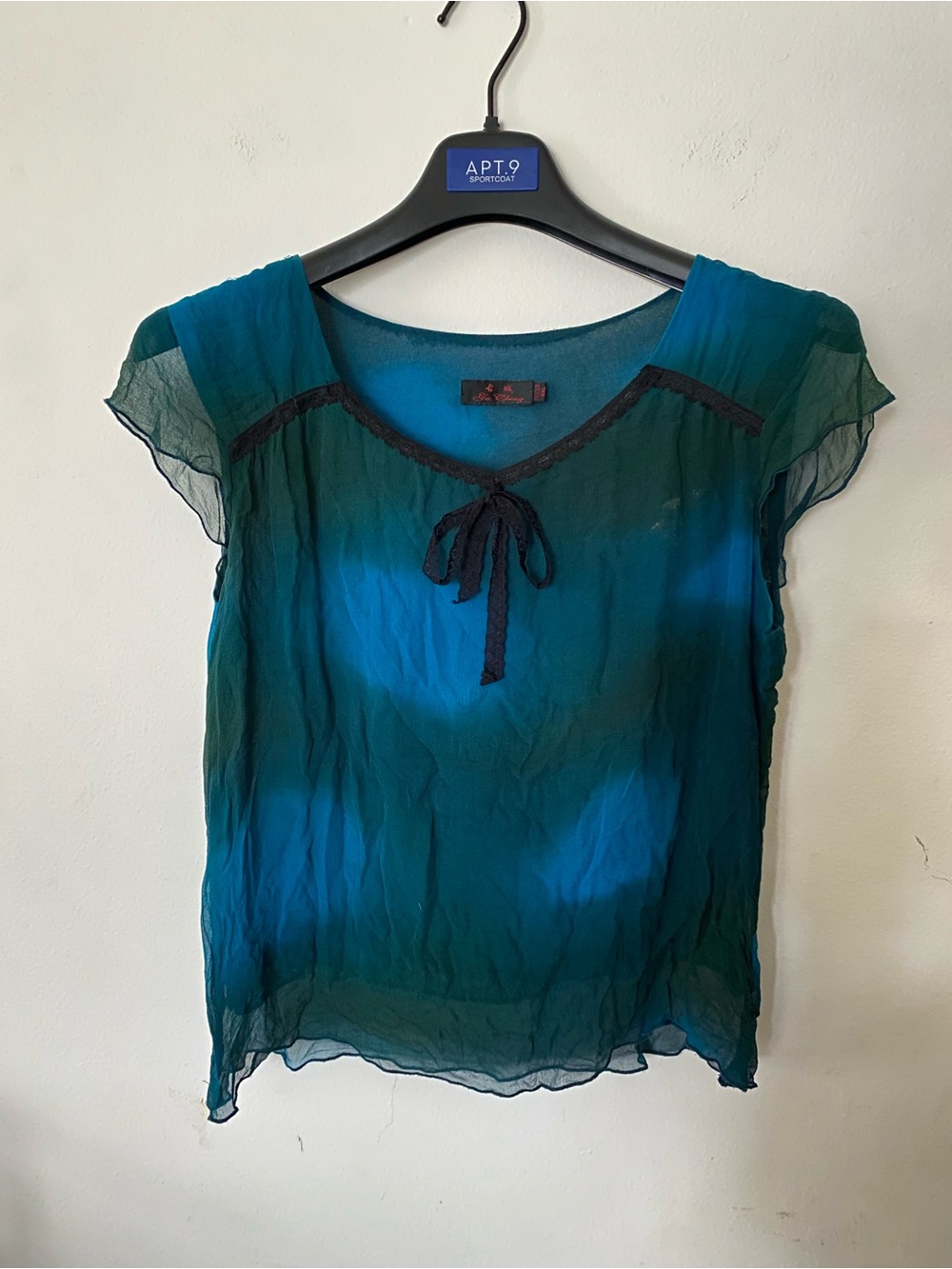 100%silk Teal & Dark Green Sheer Tie-Front Blouse